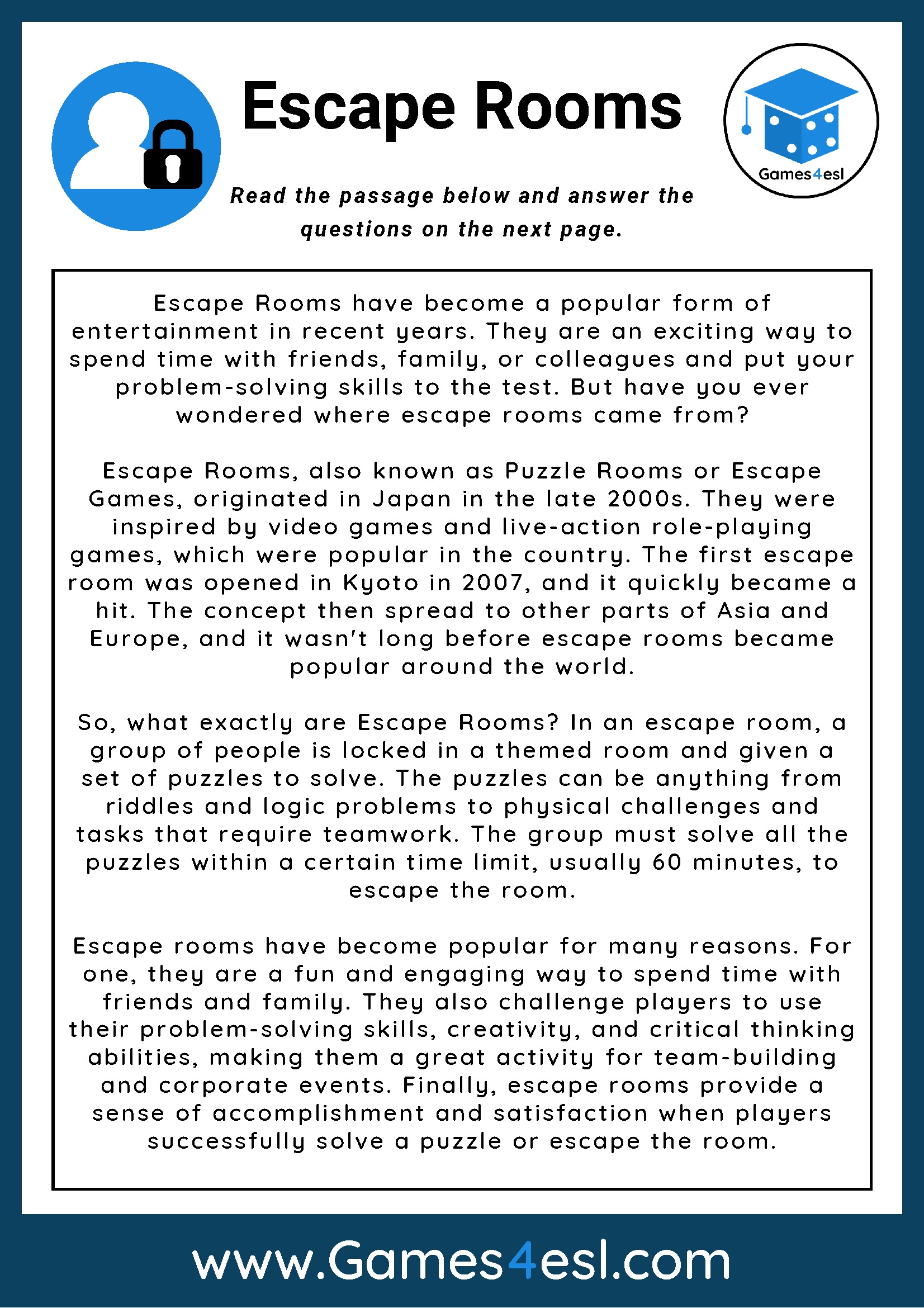 Escape Rooms Reading Comprehension Worksheet Games4esl