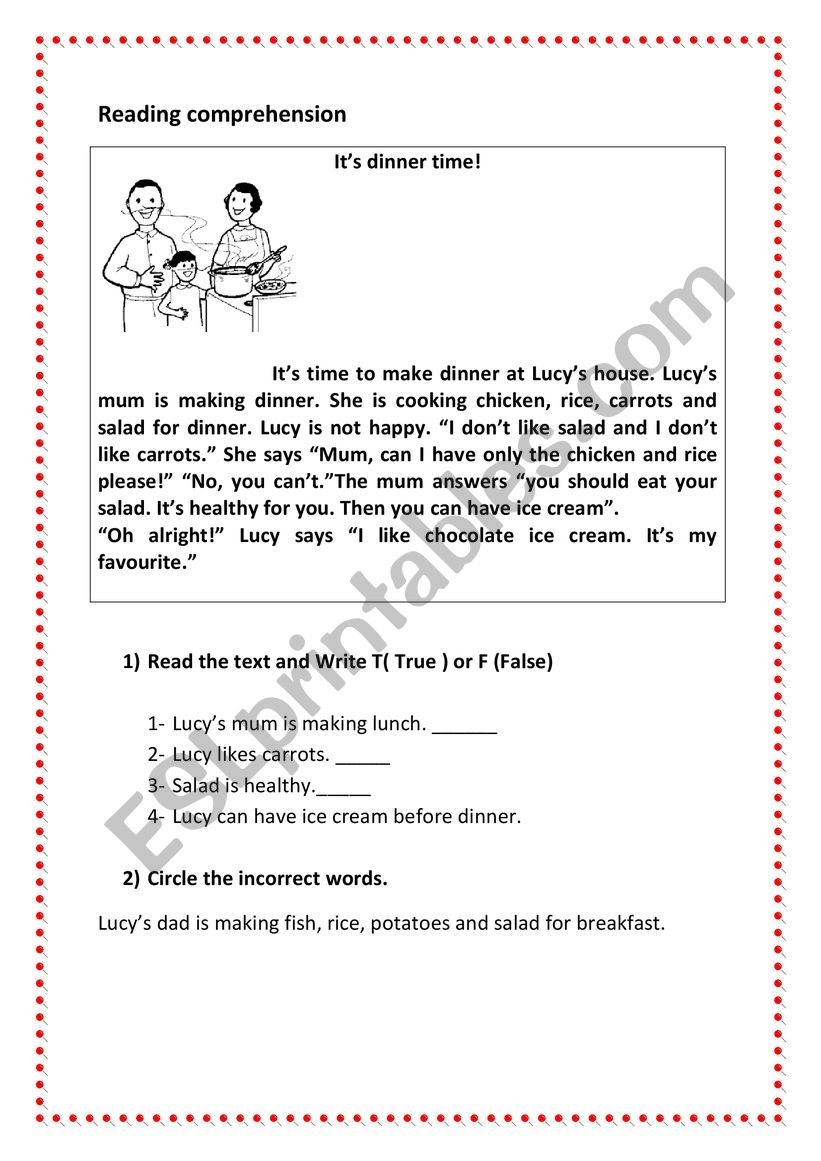 Esl reading Comprehension Activity Topic Family Meal ESL Worksheet By Chamix