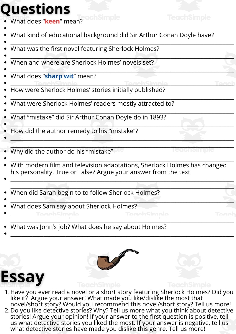 ESL Reading Comprehension Essay Worksheet On Sherlock Holmes