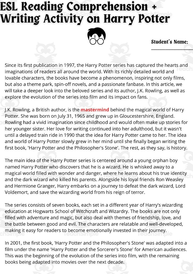 ESL Reading Comprehension Writing Activity Worksheet On Harry Potter