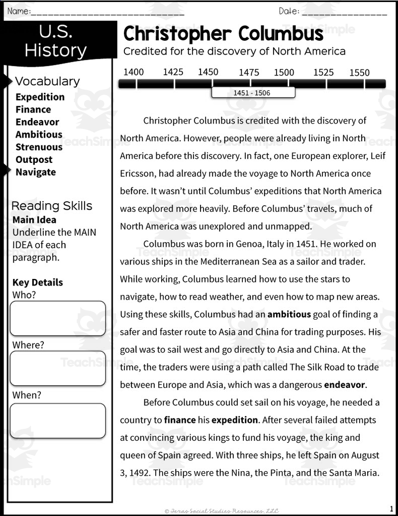 European Exploration With Christopher Columbus Reading Packet