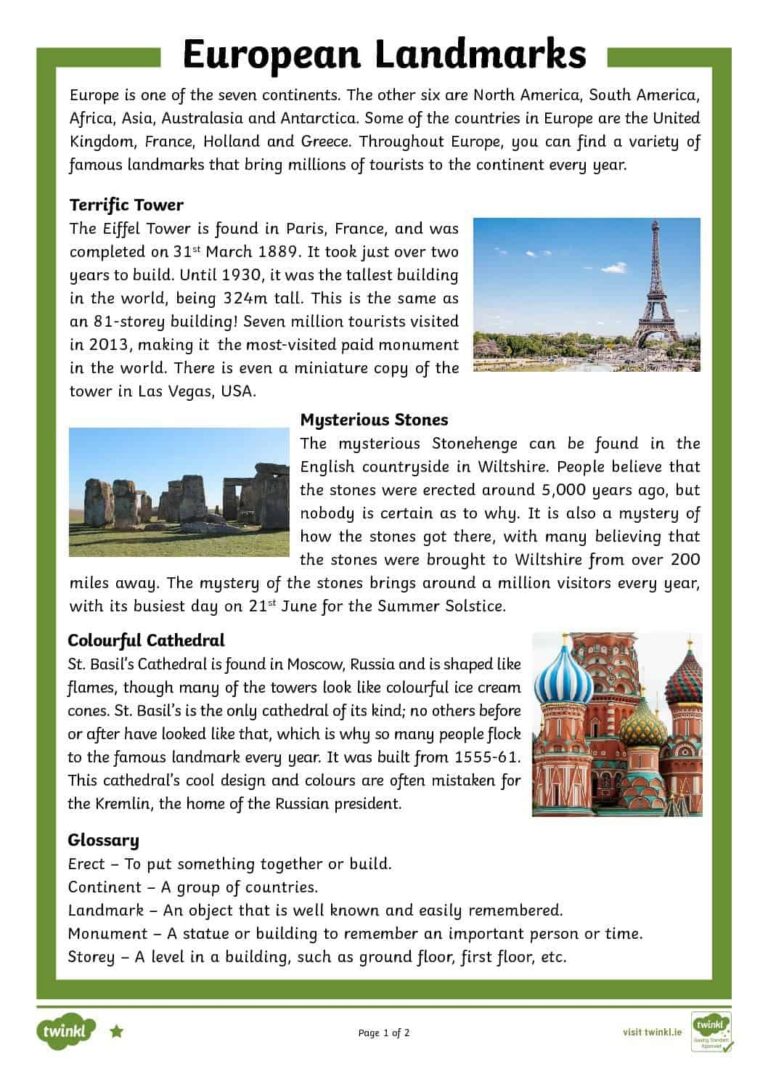 European Landmarks Differentiated Reading Comprehension Activity Belgrove Senior Girls School