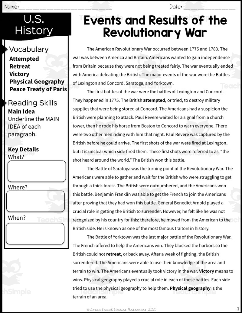 Events Of The Revolutionary War Reading Packet