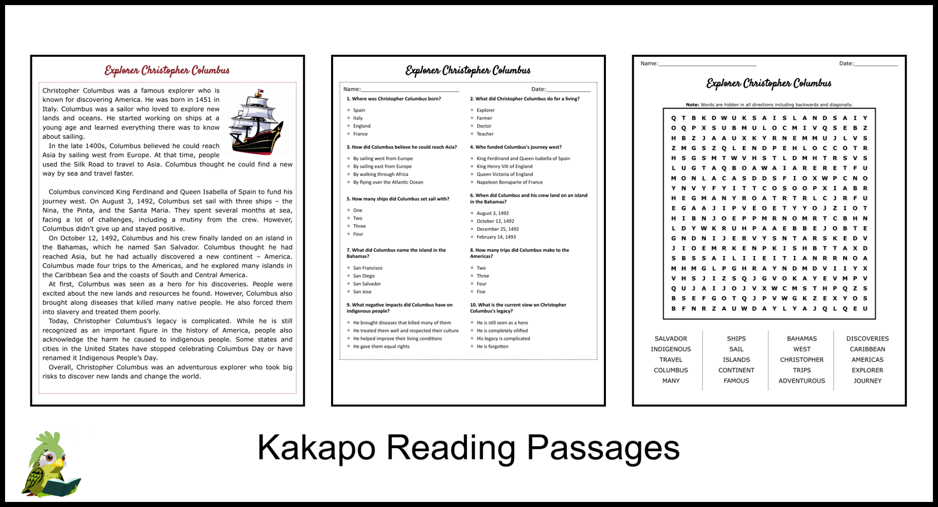 Explorer Christopher Columbus Reading Comprehension And Word Search Teaching Resources