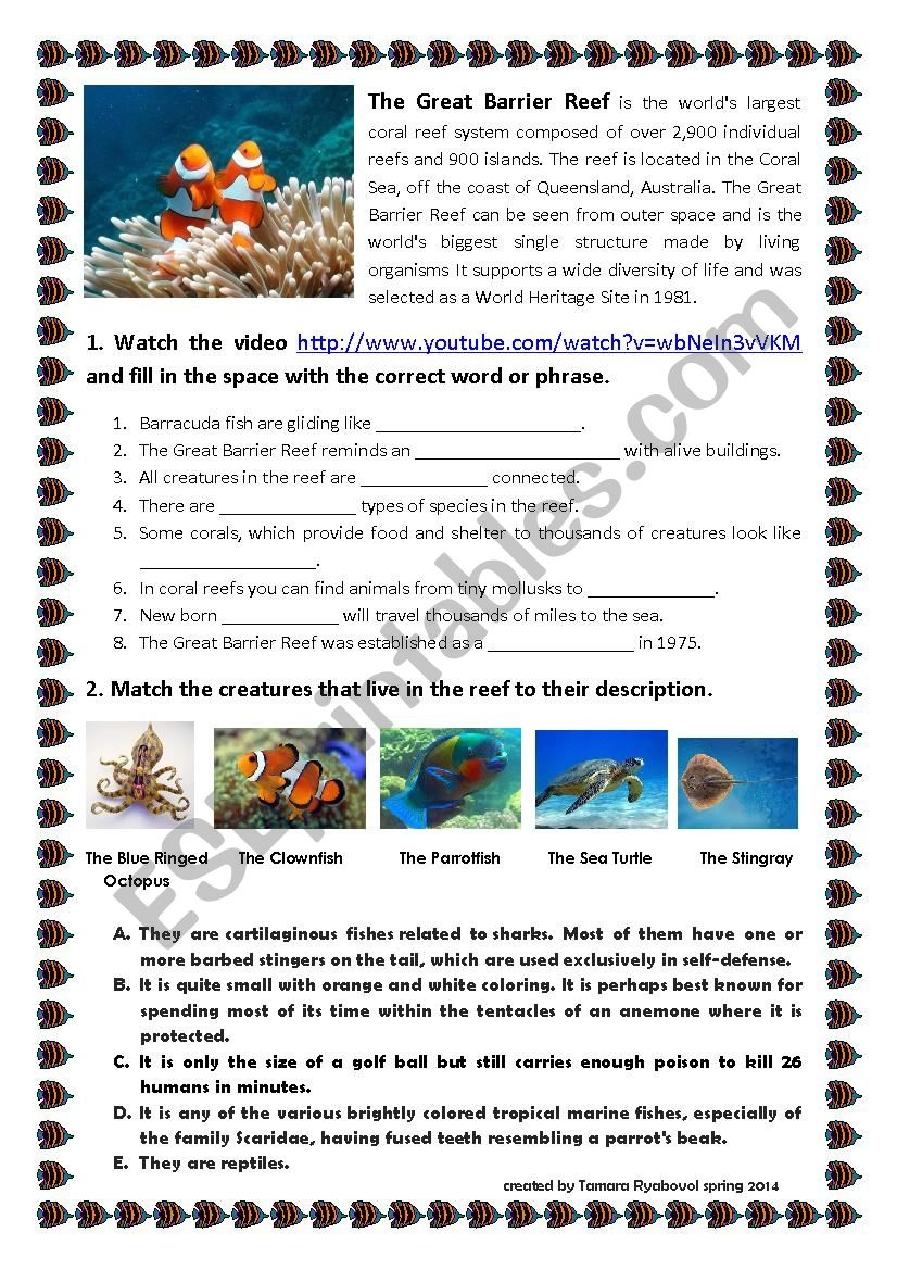Exploring Oceans Great Barrier Reef ESL Worksheet By Kimto