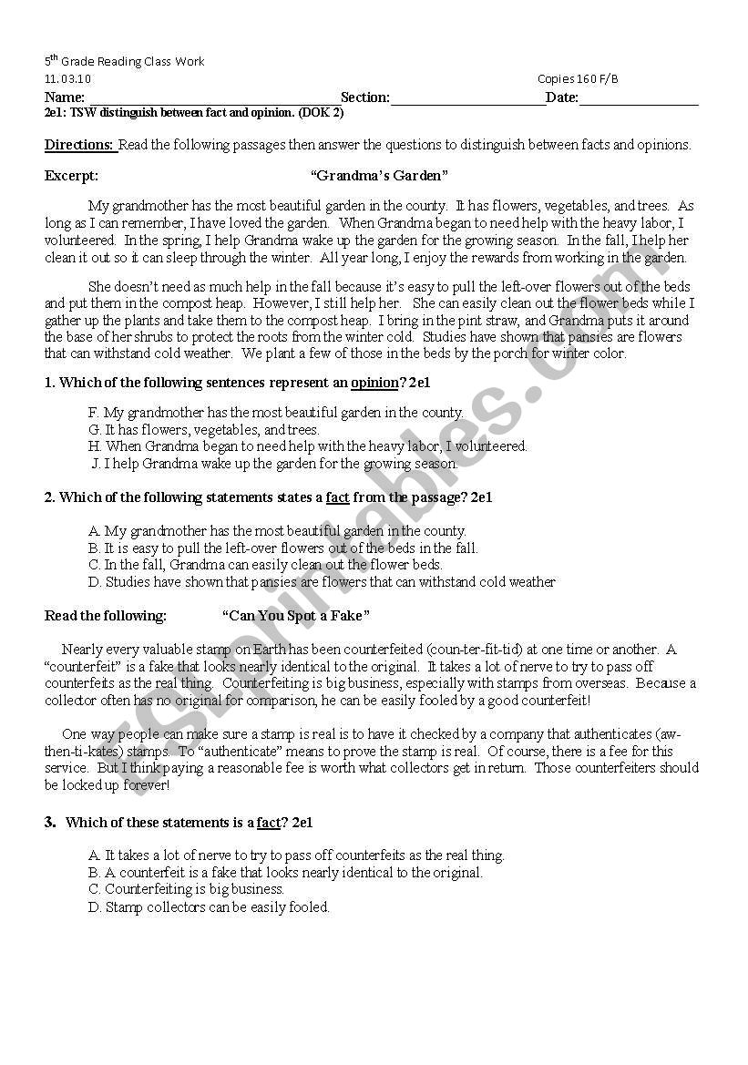 Fact And Opinion ESL Worksheet By Doublel2424