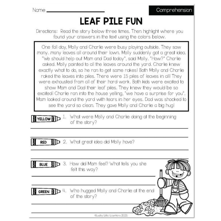 Fall Early Finishers 2nd Grade ELA Comprehension Leaf Pile 