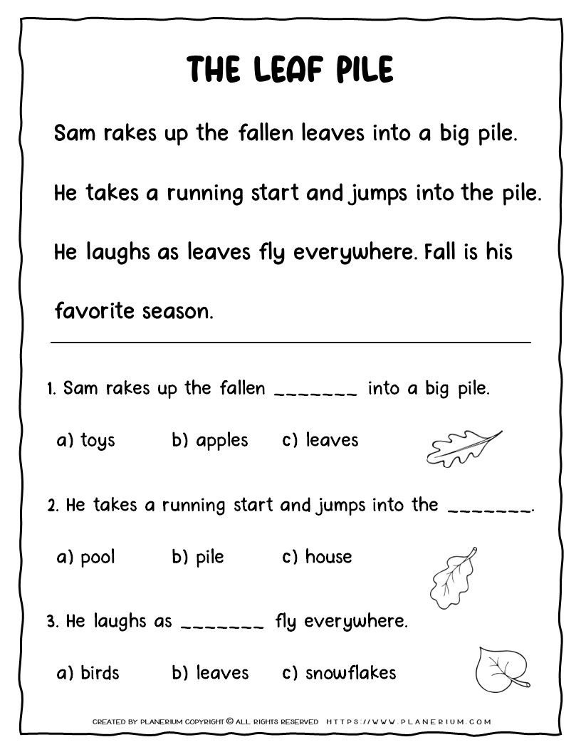 Fall Reading Comprehension Worksheets Free