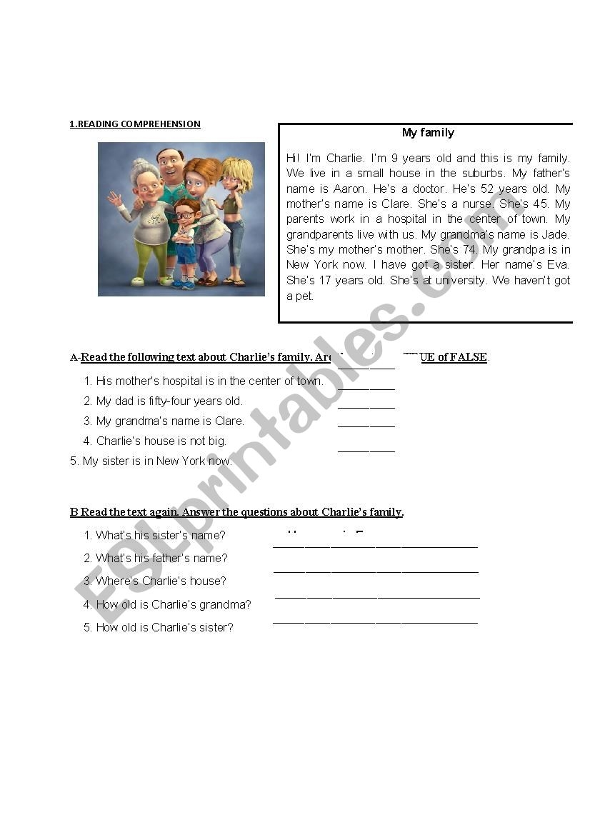 Family Members Reading Comprehension ESL Worksheet By Cecirosario