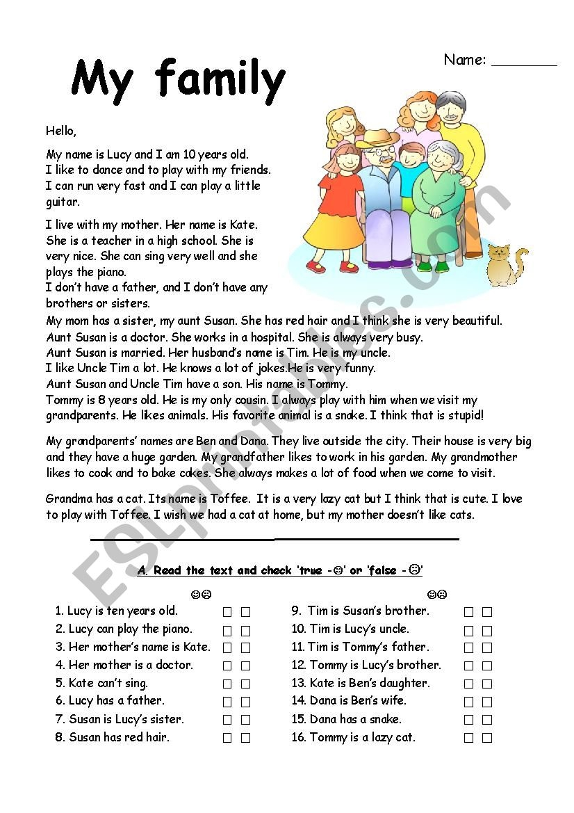 Family Reading Comprehension With Exercises ESL Worksheet By MarionG