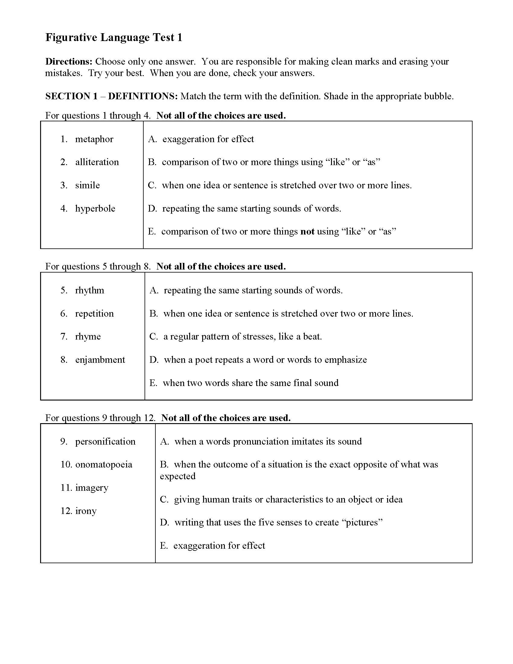 Reading Comprehension Figurative Language Worksheets