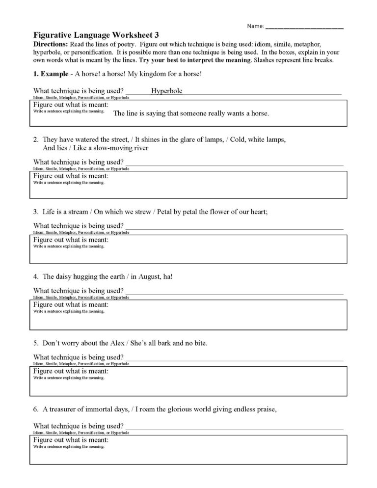 Figurative Language Worksheet 3 Reading Activity