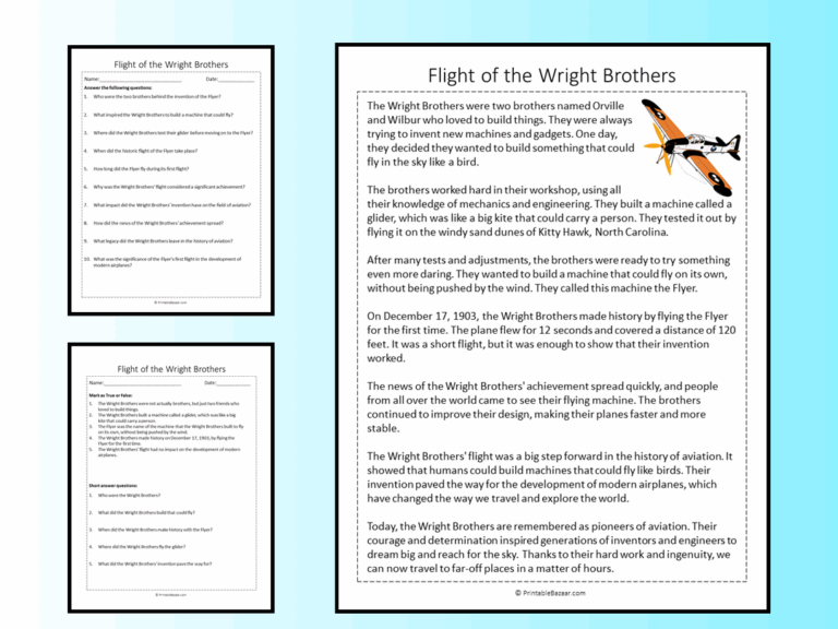 Flight Of The Wright Brothers Reading Comprehension Passage Printable Worksheet Teaching Resources