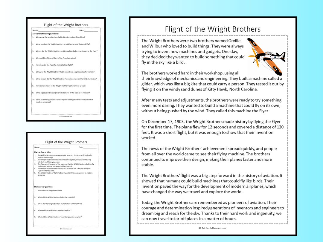 Flight Of The Wright Brothers Reading Comprehension Passage Printable Worksheet Teaching Resources