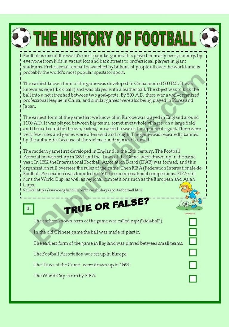 FOOTBALL Reading Comprehension Matching Exercise Speaking 3 Pages KEY ESL Worksheet By Moni k