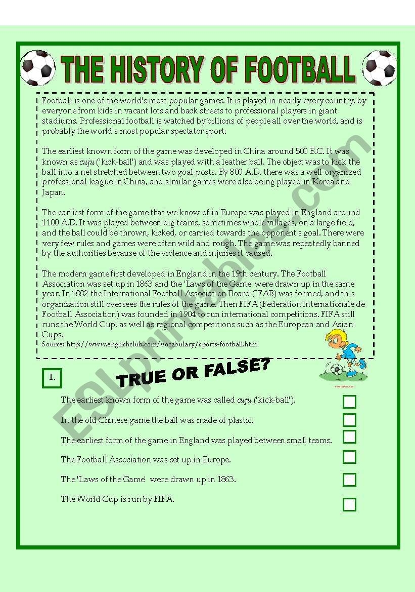 FOOTBALL Reading Comprehension Matching Exercise Speaking 3 Pages KEY ESL Worksheet By Moni k