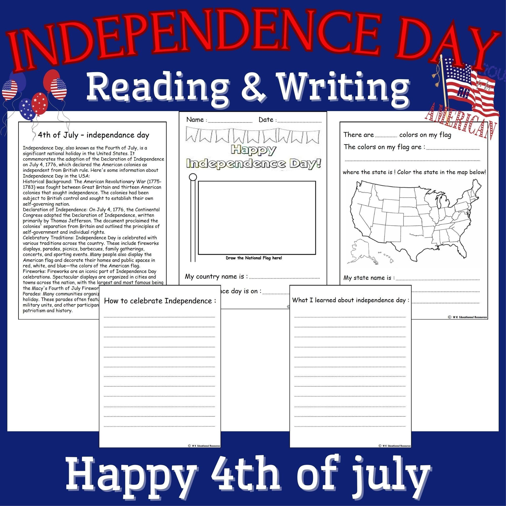 Free Independence Day Readingu0026Writing All About 4th Of July 