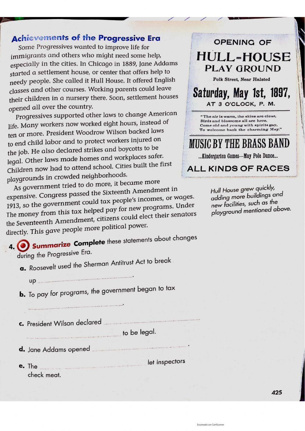 Progressive Era Reading Comprehension Worksheet