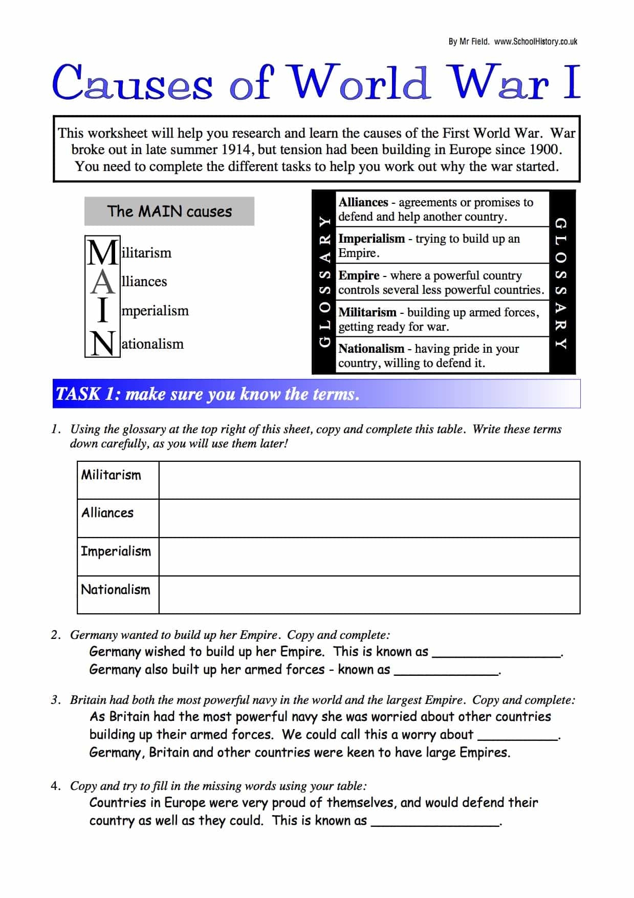 World War I Reading Comprehension Worksheets