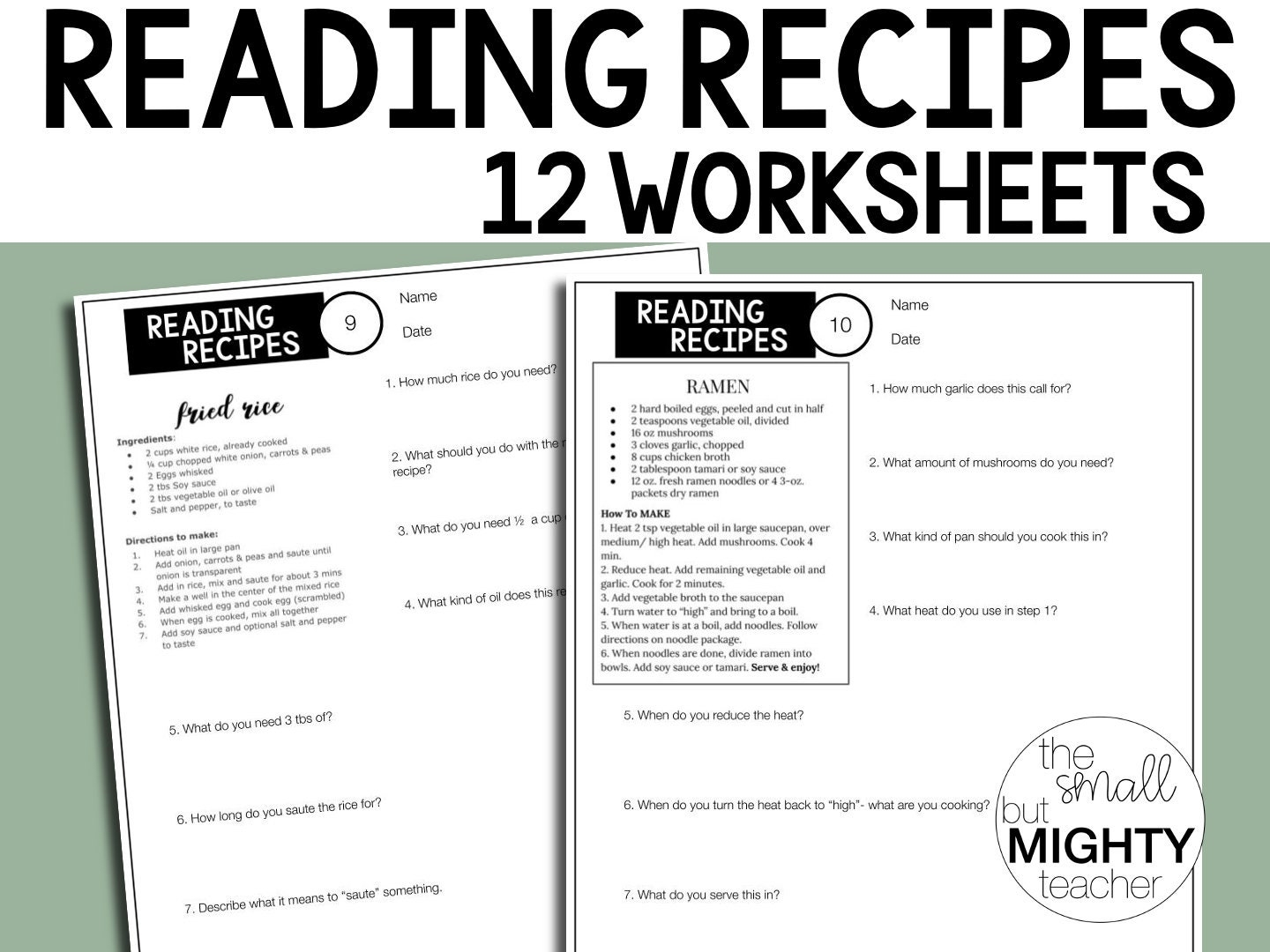 Printable Reading Recipe Comprehension Worksheets