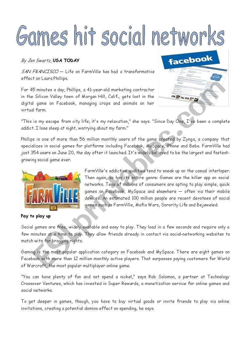 Games Hit Social Networks ESL Worksheet By Erikaandel