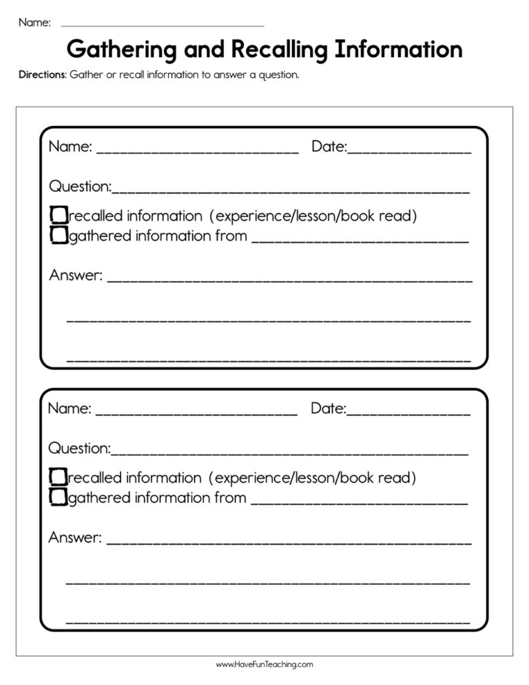 Gathering And Recalling Information Worksheet Have Fun Teaching