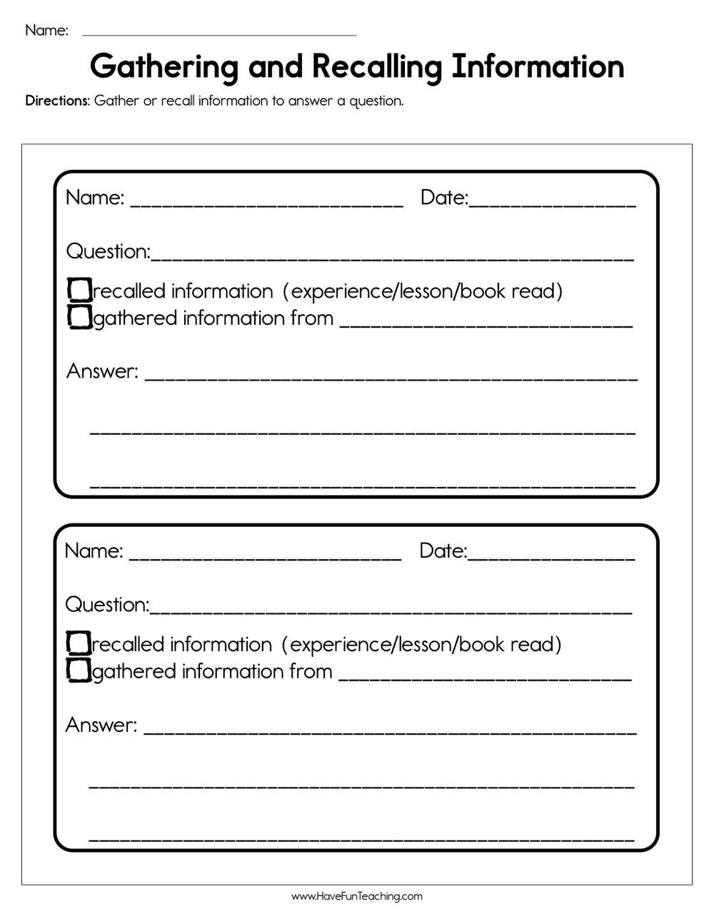 Gathering And Recalling Information Worksheet Have Fun Teaching
