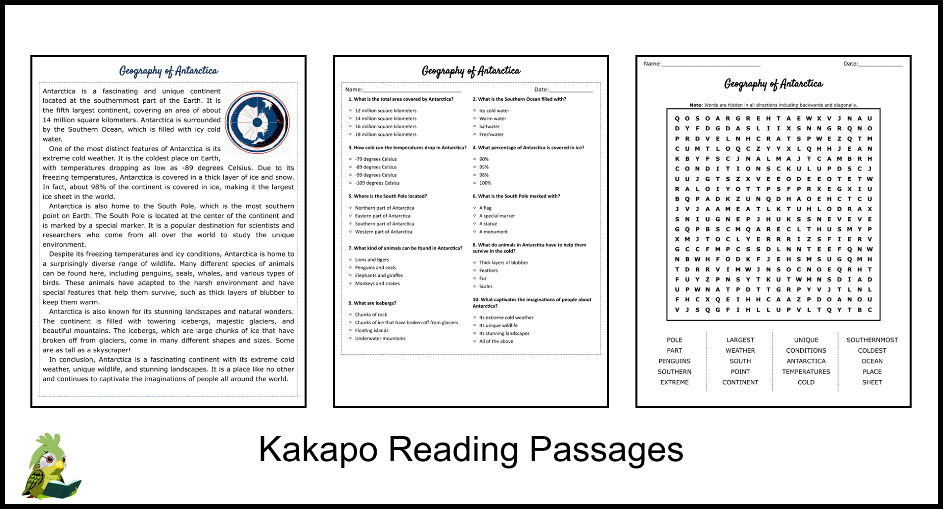 Geography Of Antarctica Reading Comprehension And Word Search Teaching Resources