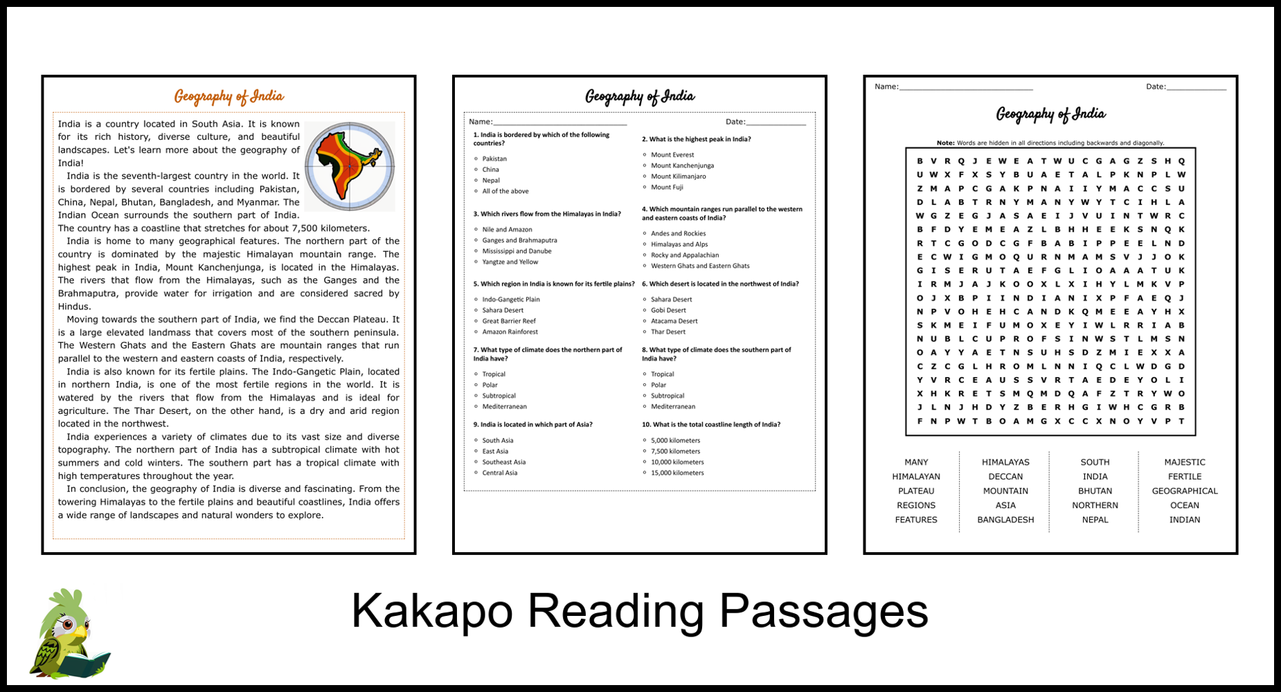 Geography Of India Reading Comprehension And Word Search Teaching Resources