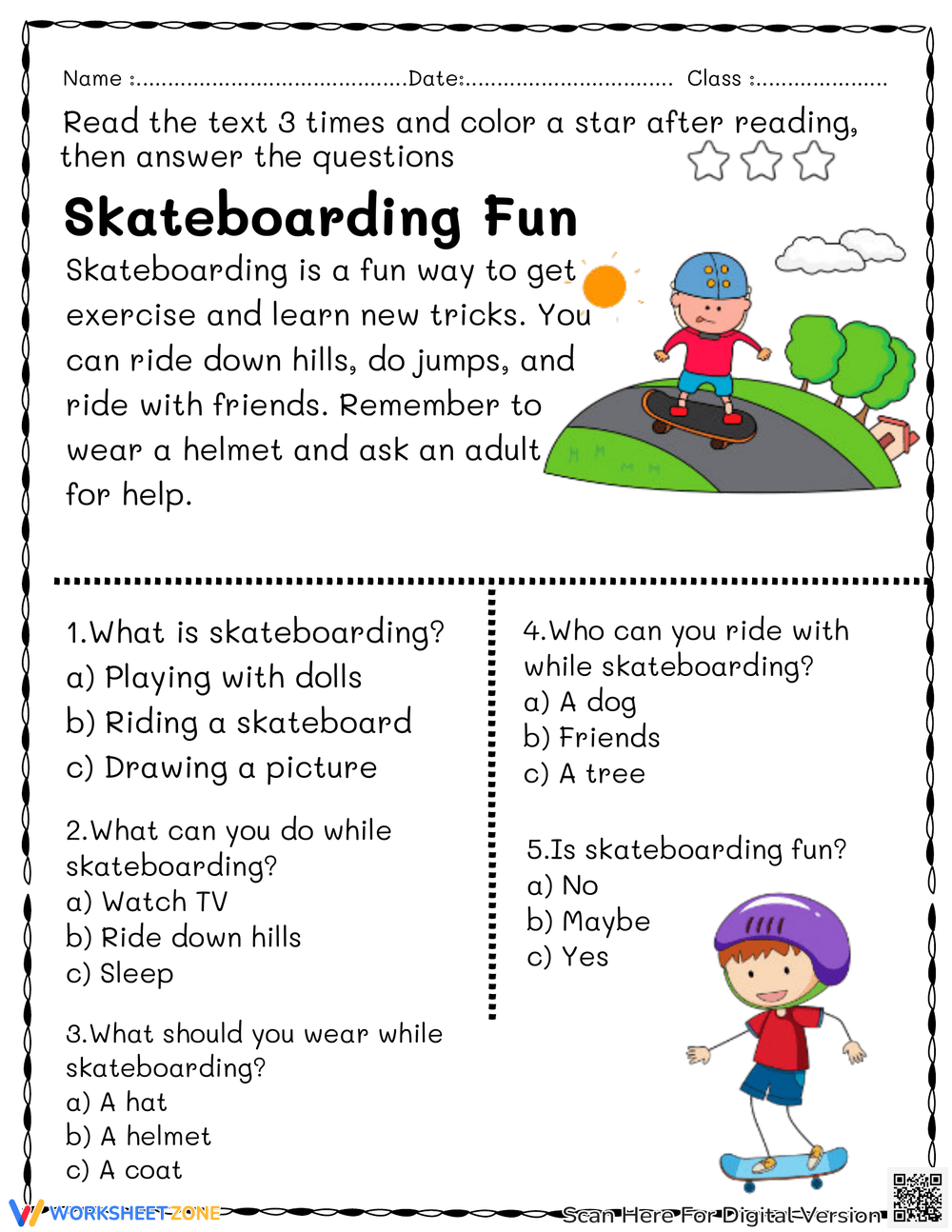 Skateboard Reading Comprehension Worksheet