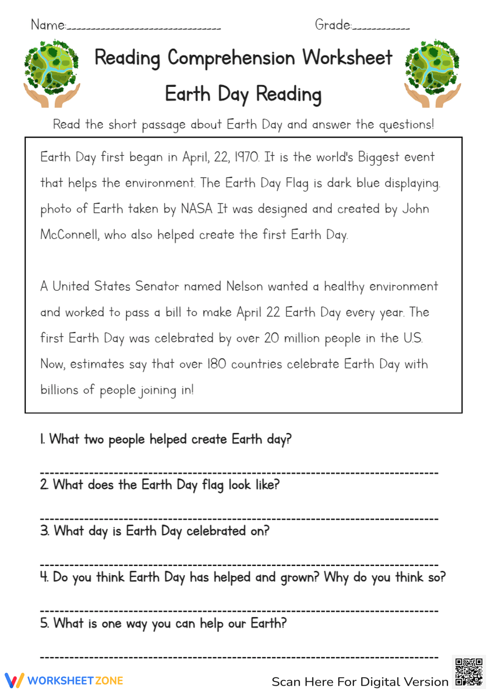 Earth Day Reading Comprehension Worksheets Pdf