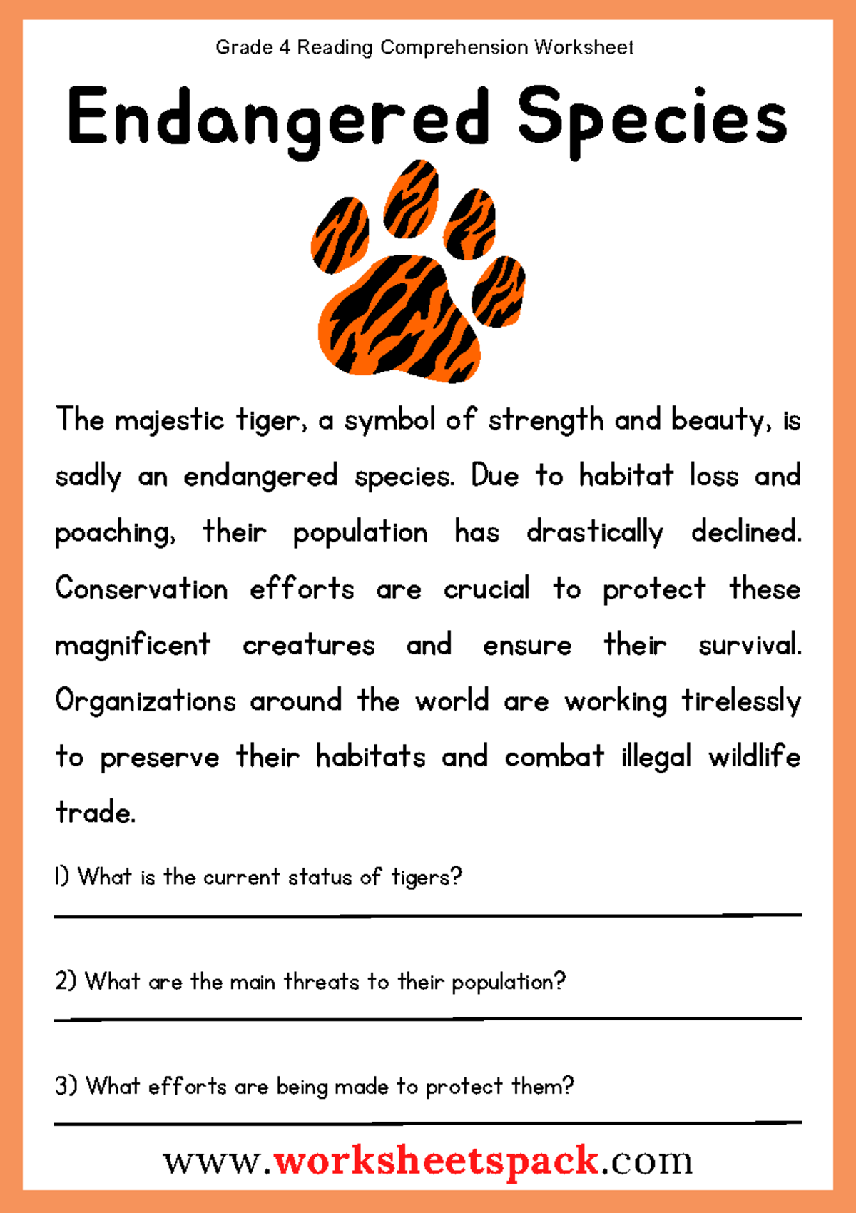 Grade 4 Reading Comprehension Worksheets The Majestic Tiger A Symbol Of Strength And Beauty Is Studocu