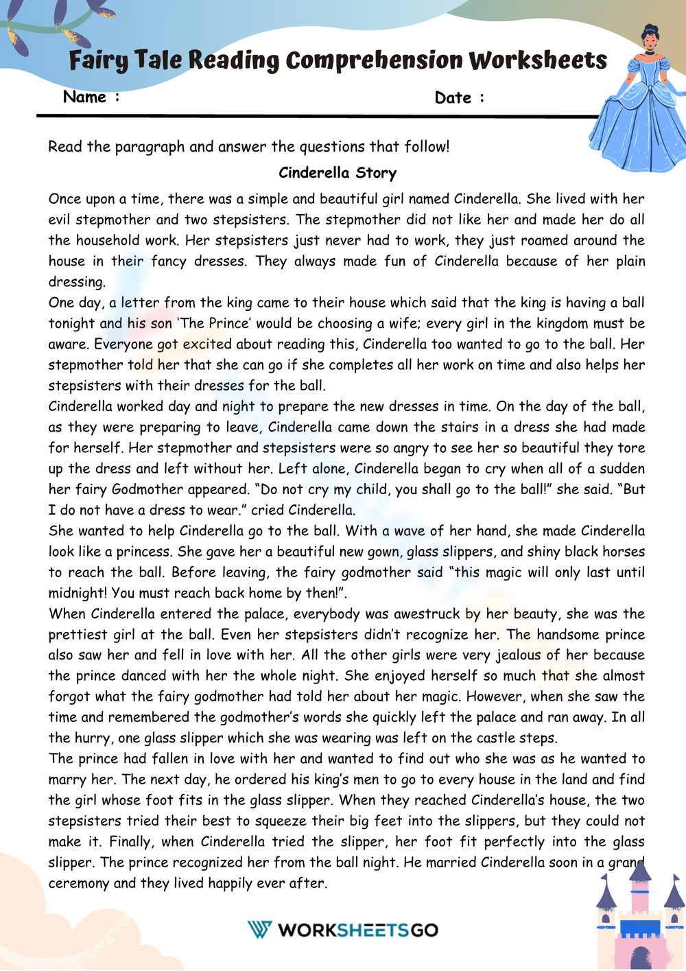 Cinderella Reading Comprehension Worksheet
