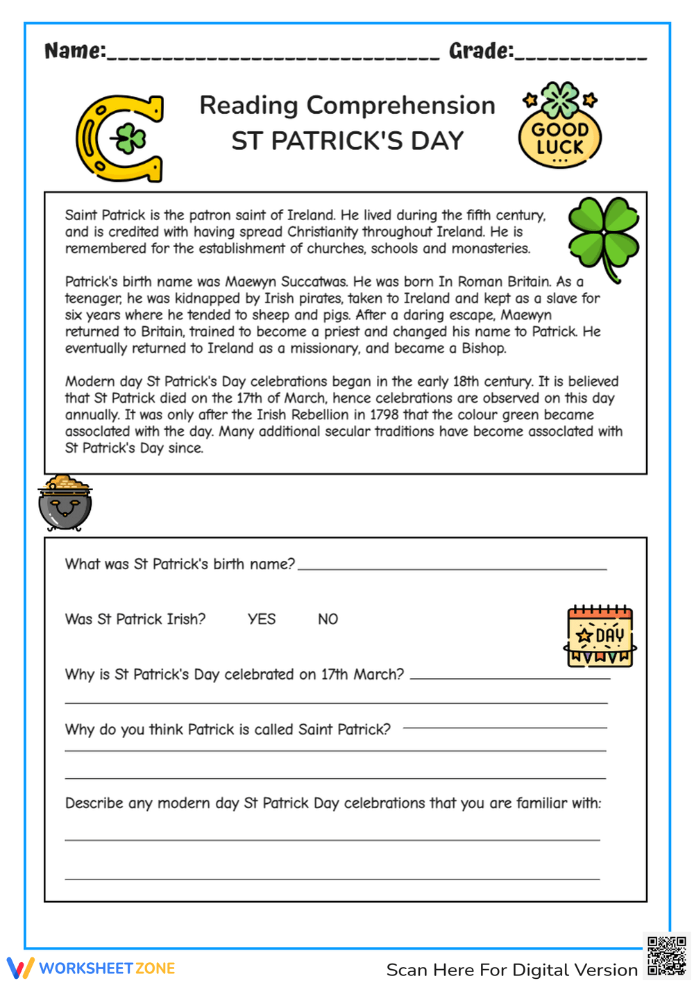 Grade 5 St Patrick s Day Reading Comprehension Worksheets 2025