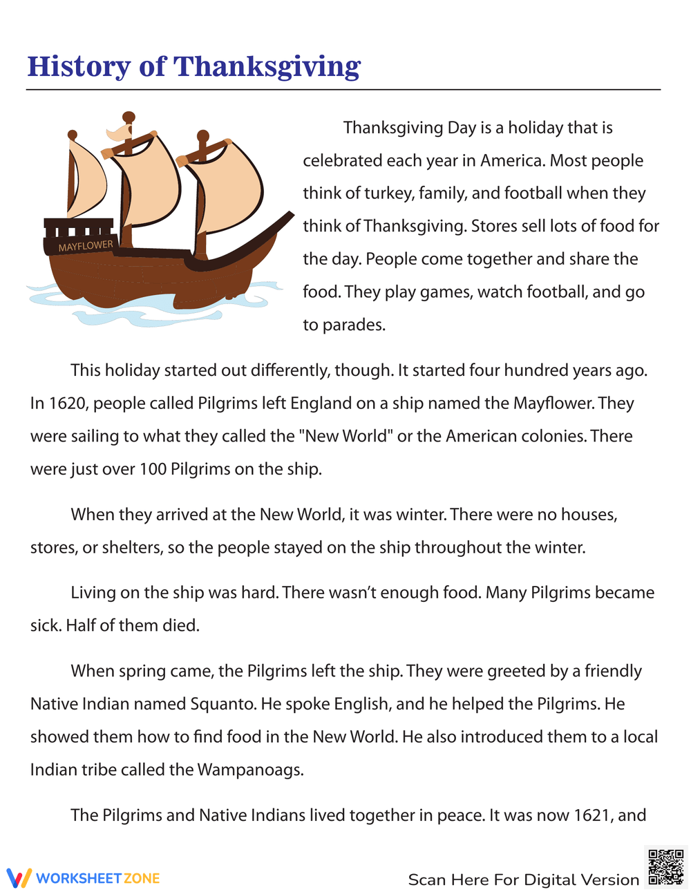 Grade 5 Thanksgiving Reading Comprehension PDF Worksheets 2025