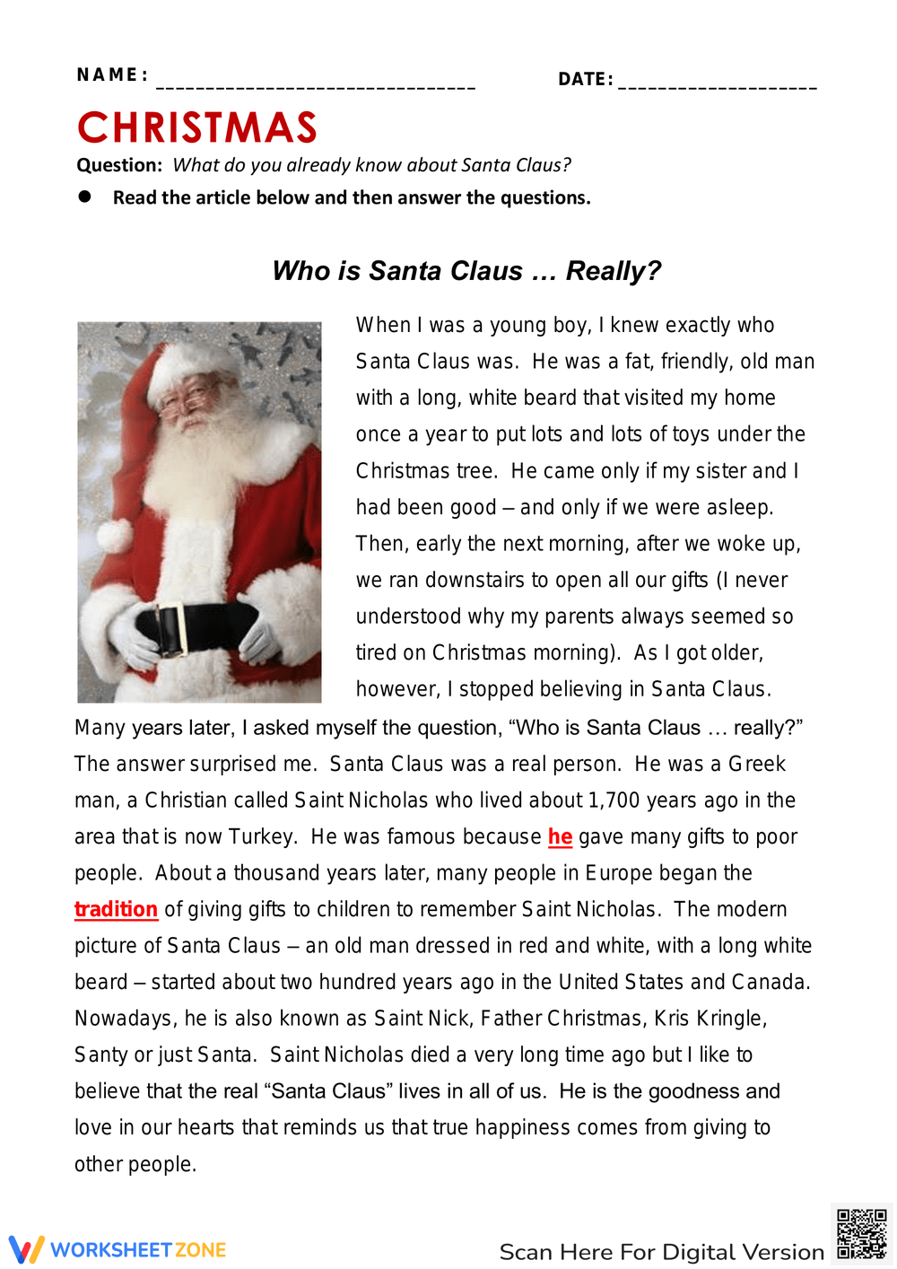 Grade 6 Christmas Comprehension Worksheets