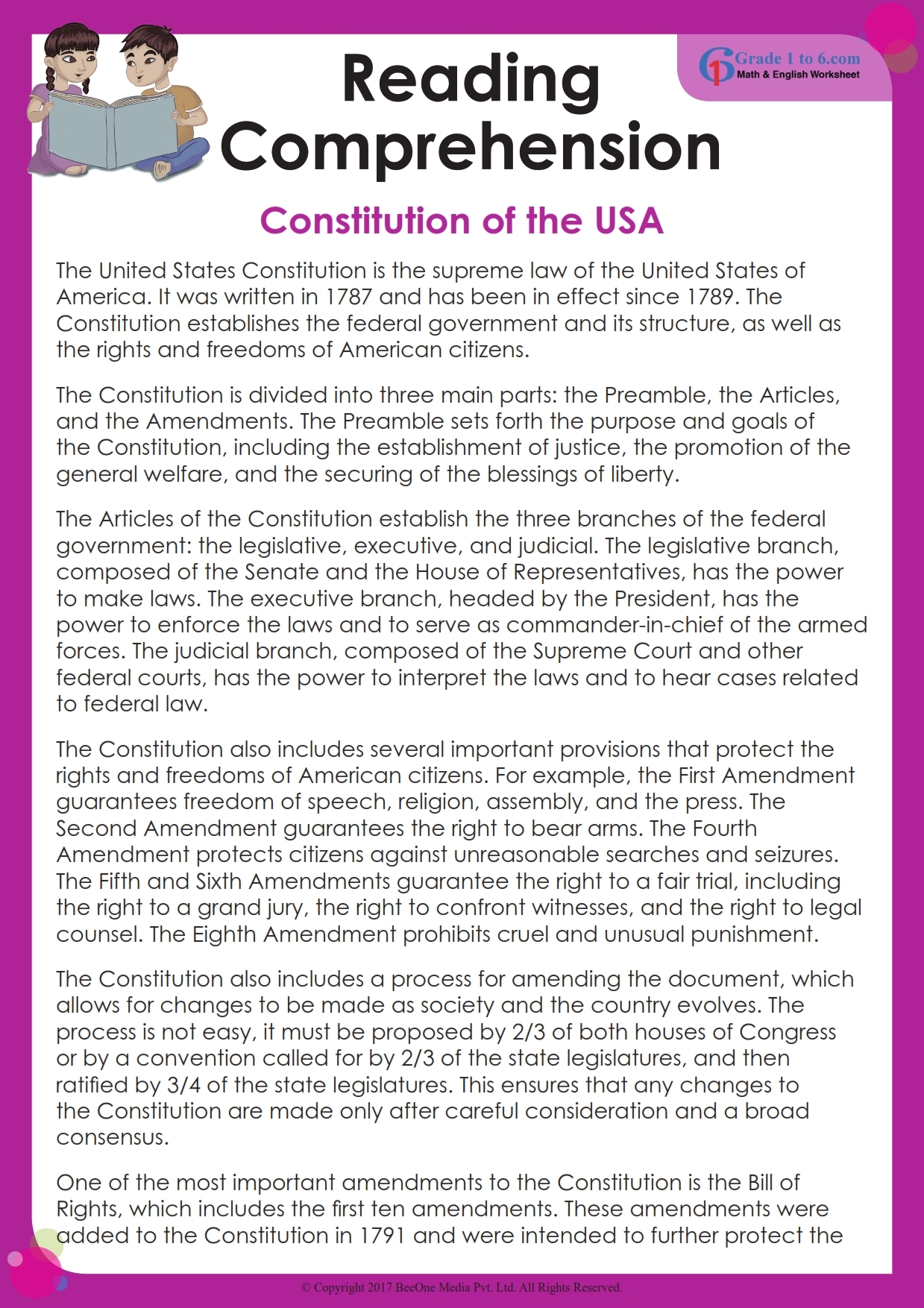 Comprehension Reading Worksheets For 6th Graders