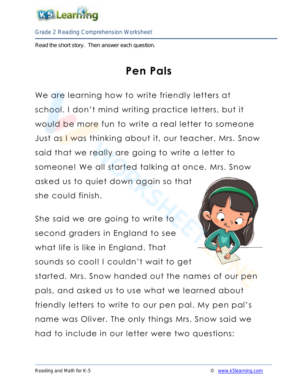 Reading Comprehension Worksheet K5learning.Com