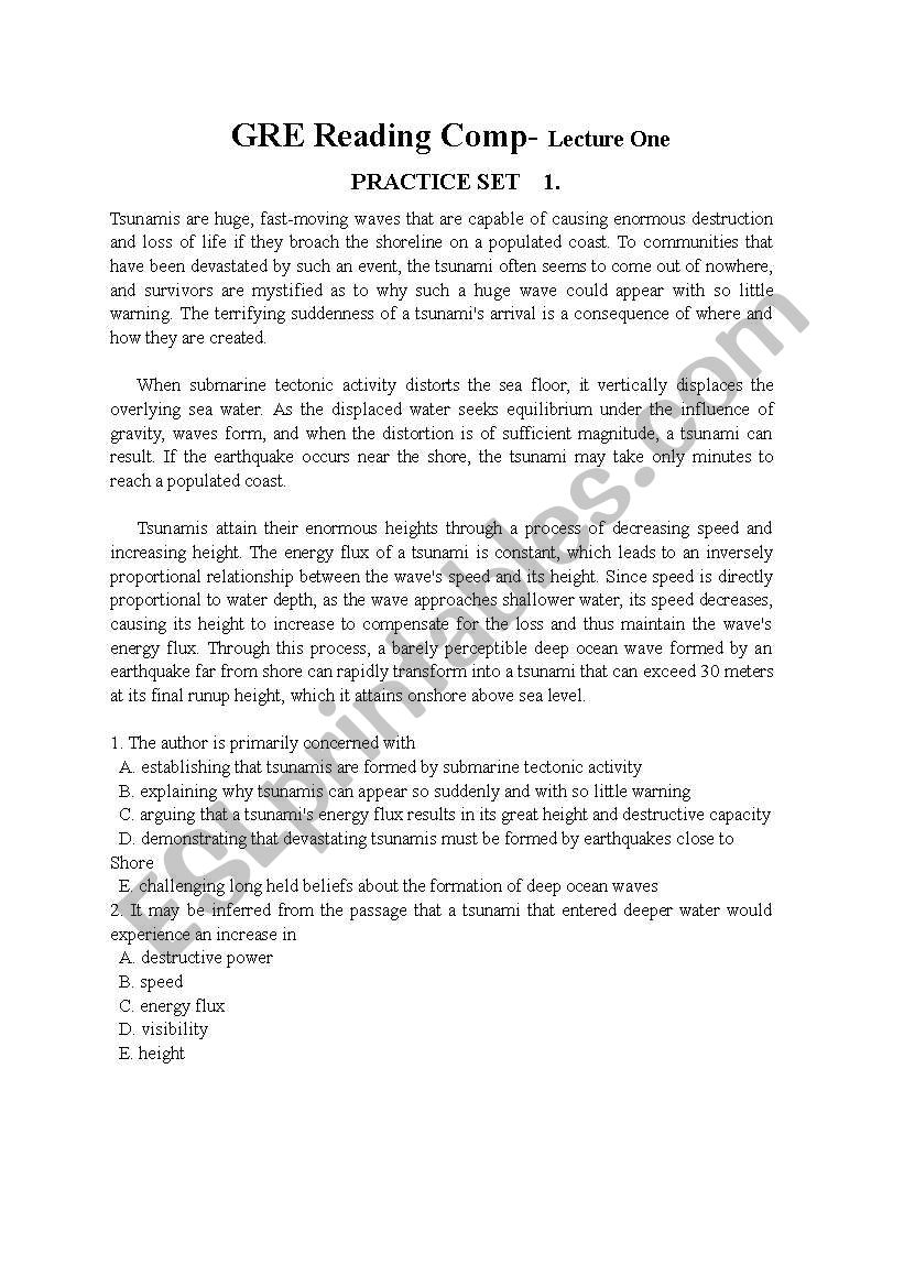GRE Reading Comprehension Exercises ESL Worksheet By Nancysands