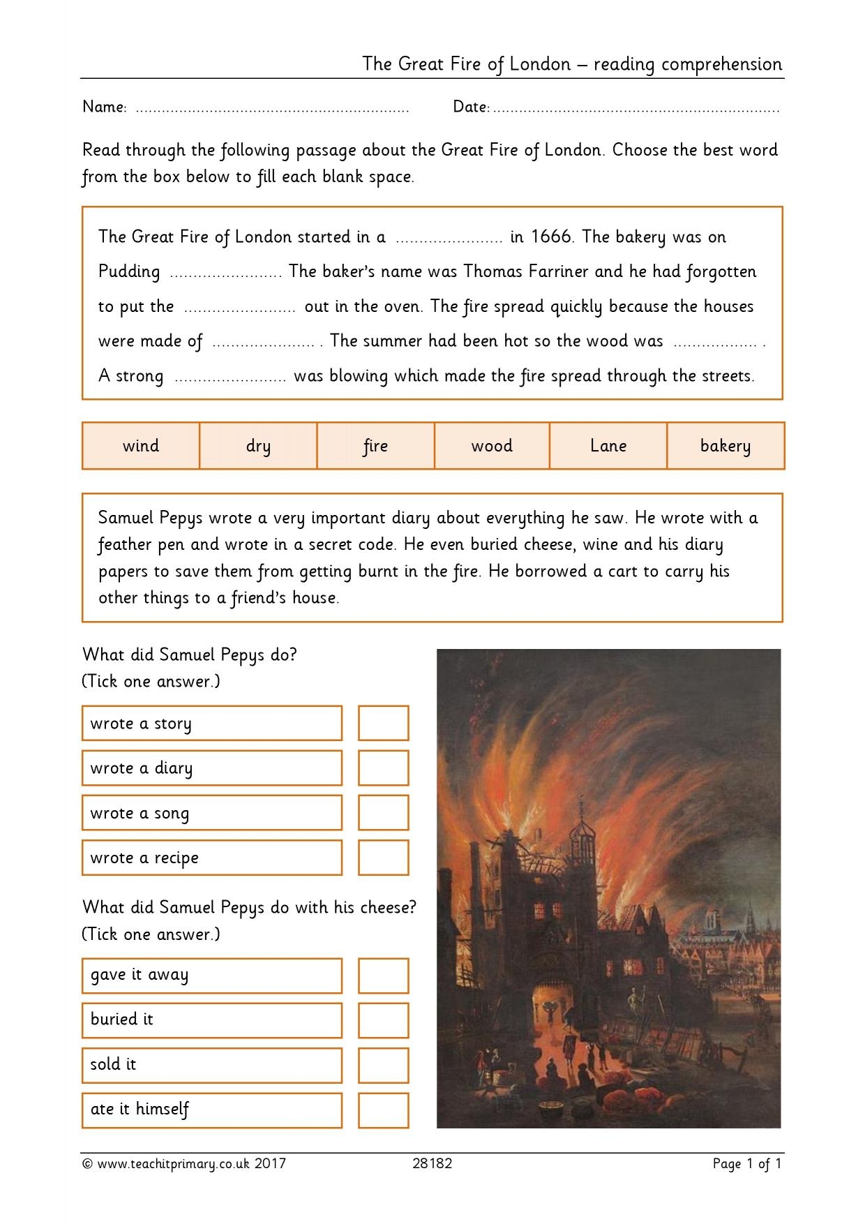 Great Fire Of London Comprehension KS1 History Teachit