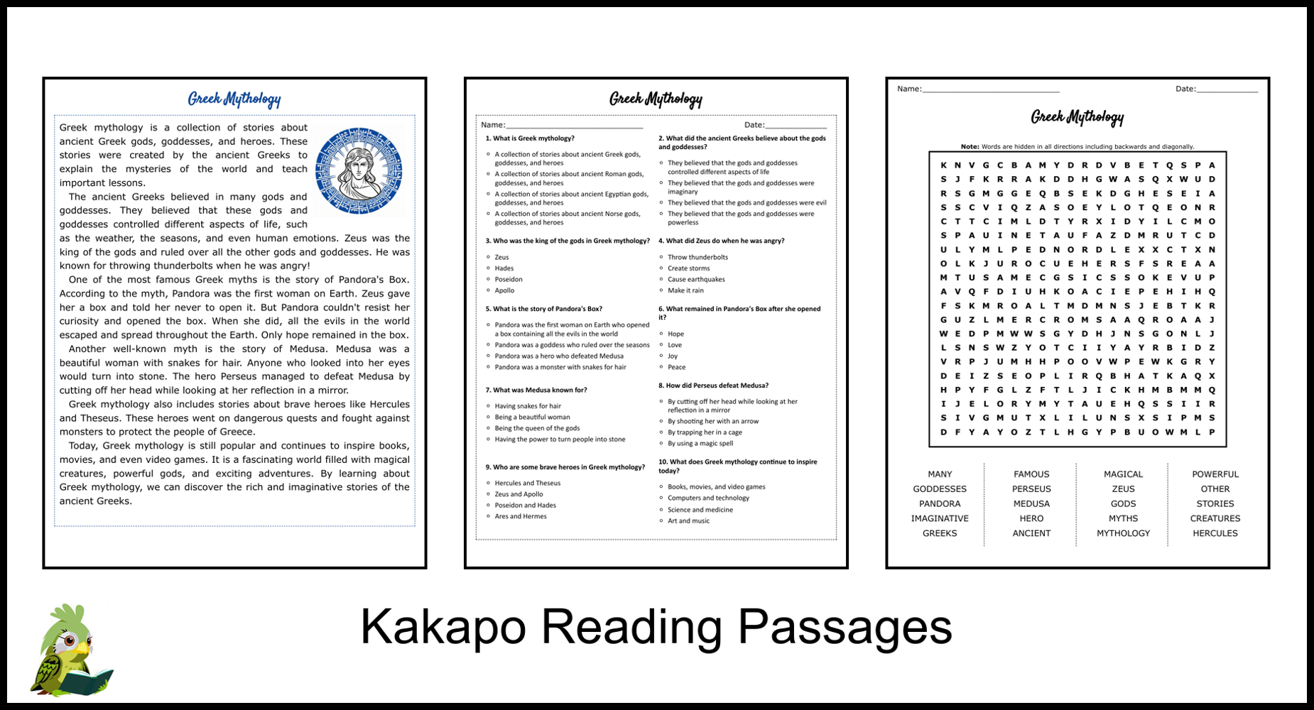 Greek Mythology Reading Comprehension And Word Search Teaching Resources