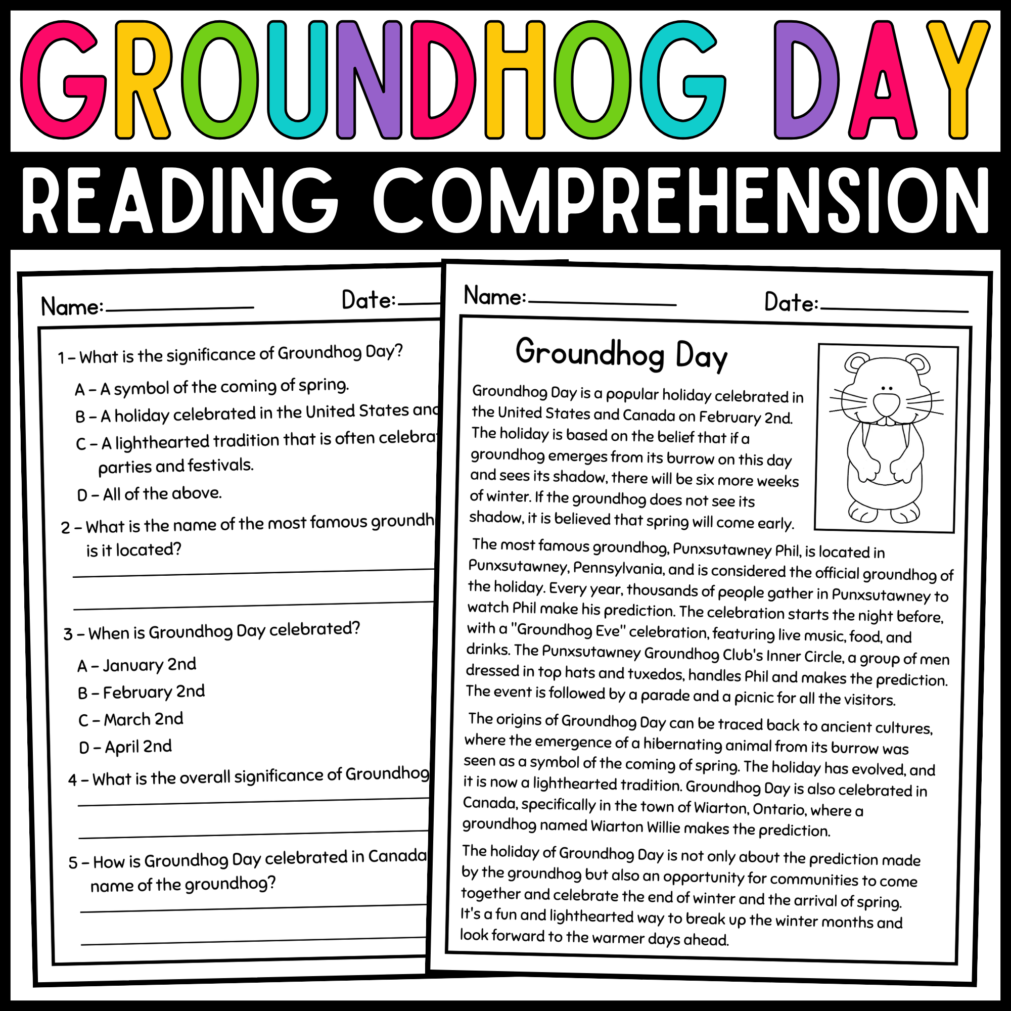 Groundhog Day Reading Comprehension Passage And Questions Groundhog Day Activities Made By Teachers