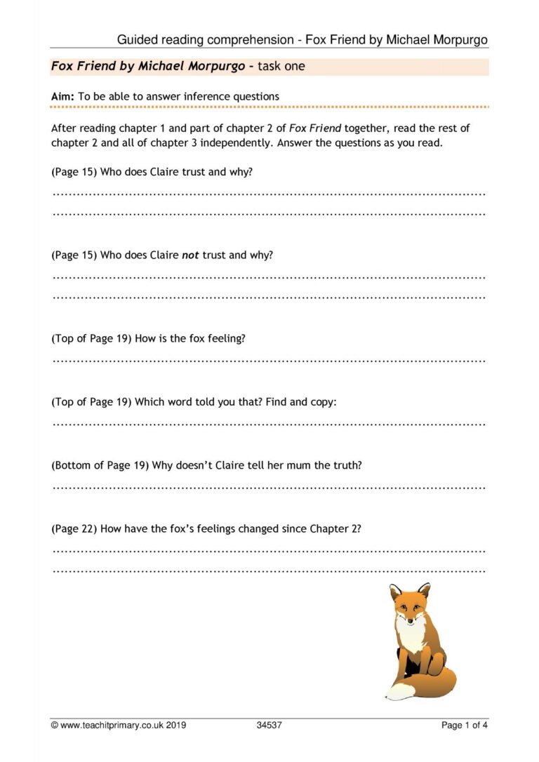Guided Reading Comprehension Fox Friend By Michael Morpurgo 