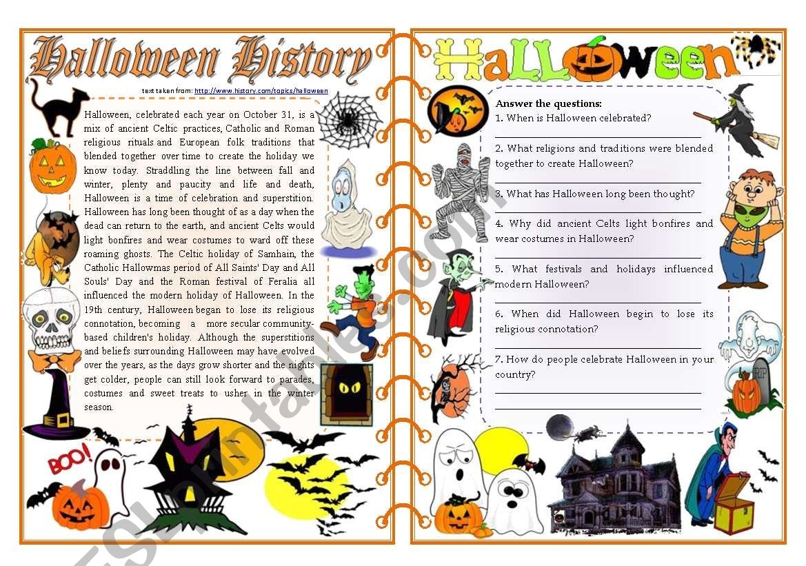 Halloween History Reading Comprehension Vocabulary U0026 Grammar 2 Pages fully Editable ESL Worksheet By Zailda