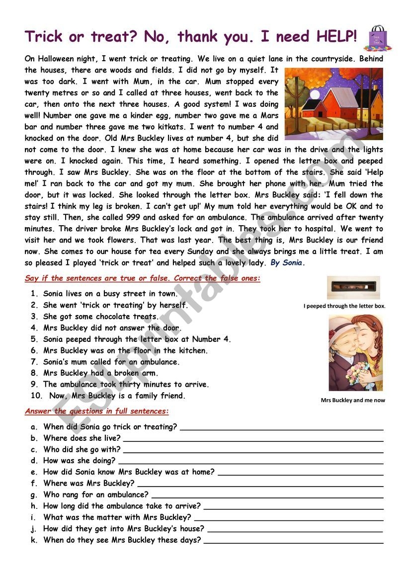 Halloween themed Reading Comprehension ESL Worksheet By Cunliffe