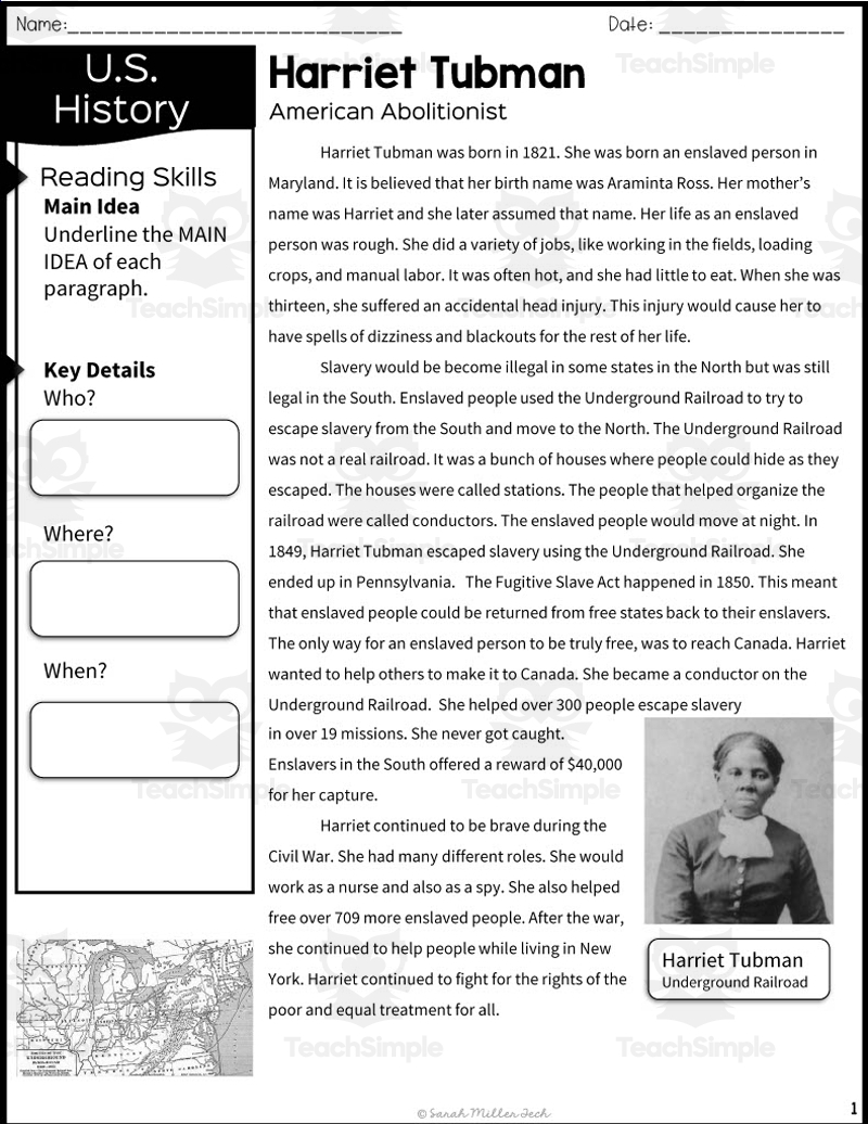 Harriet Tubman Reading Packet