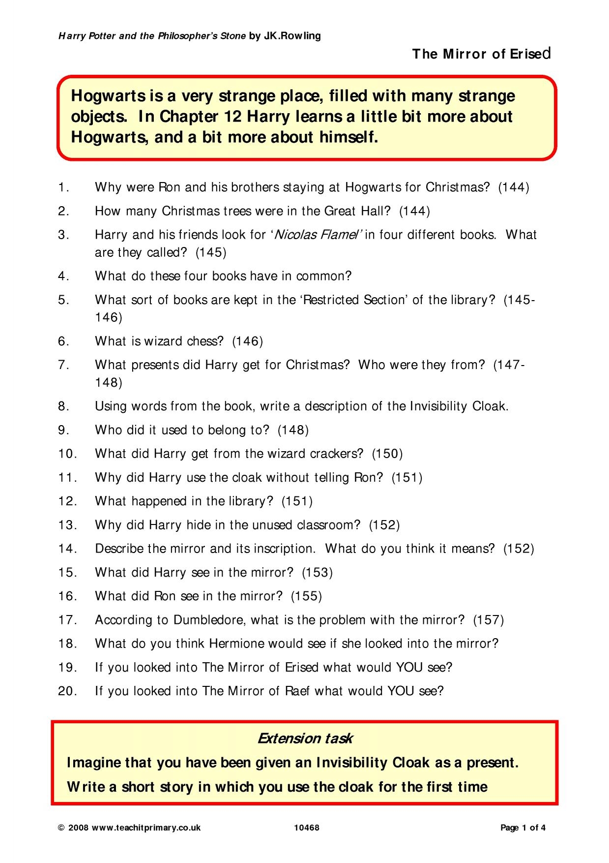 Harry Potter Reading Comprehension Worksheets
