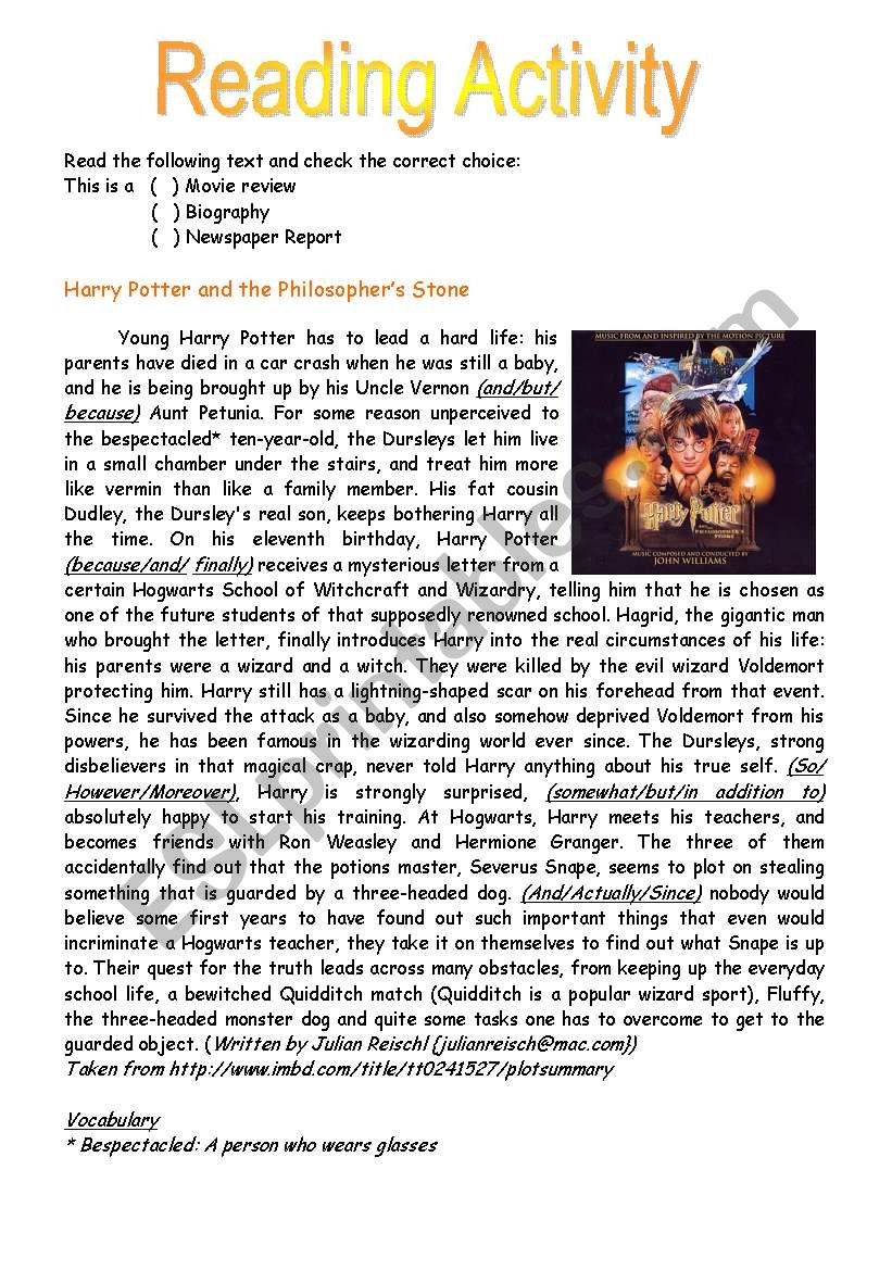 Harry Potter Reading Activity ESL Worksheet By Clossh
