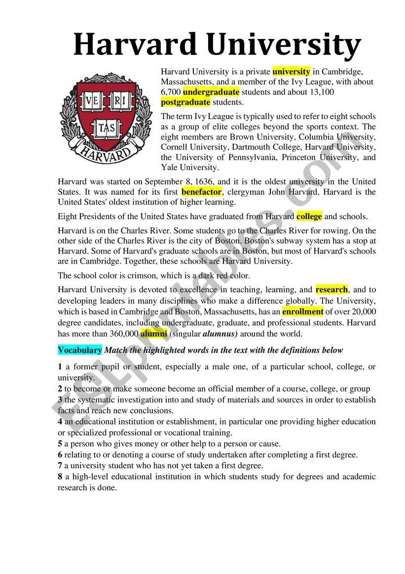 Harvard University reading Comprehension ESL Worksheet By Tlektor