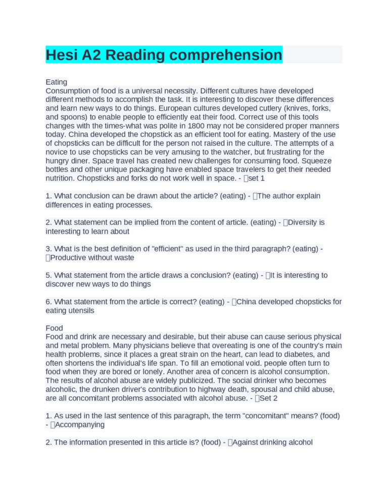 Hesi A2 Reading Comprehension Exams Nursing Docsity